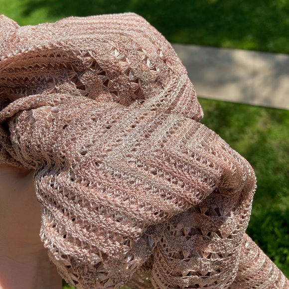 Elif Open Knit V Neck Shiny Metallic Pink Grey Swim Cover Up Tunic Bell Sleeves - Picture 9 of 16